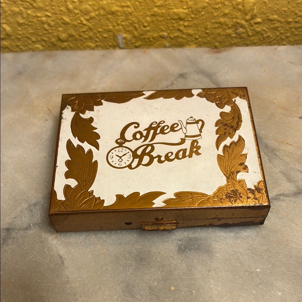 Vintage Coffee Break Tin Pill Box - Gold and White